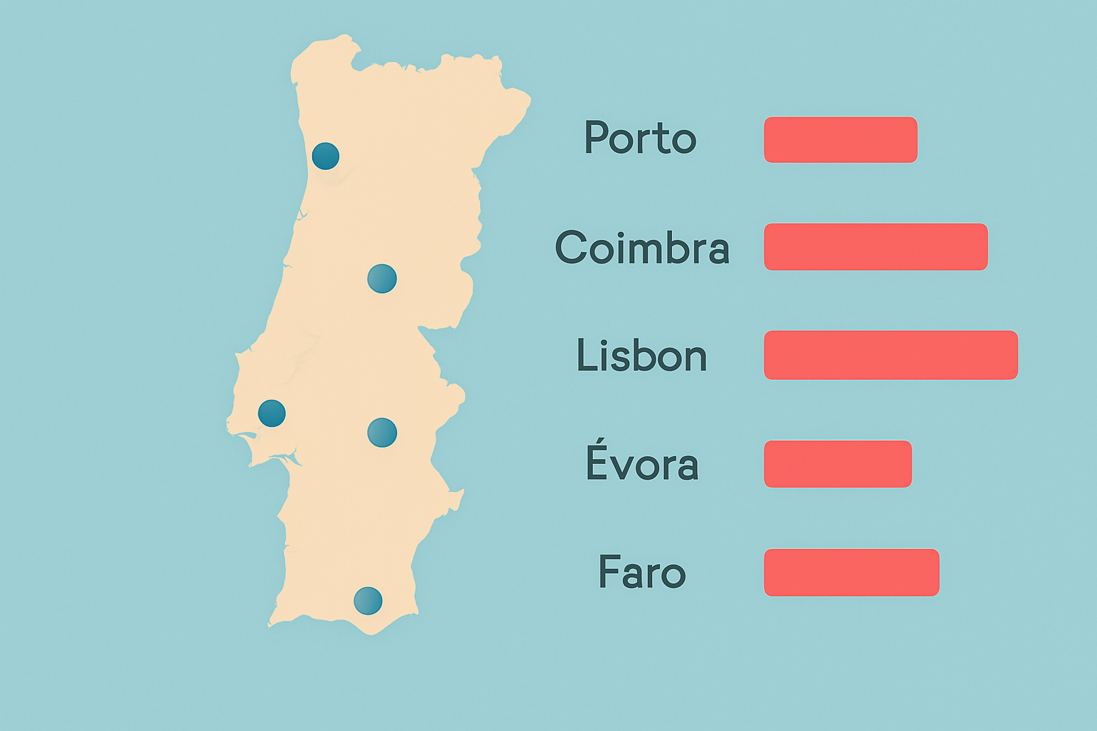 Carte illustrant les variations de loyers moyens dans les principales villes du Portugal en 2025.