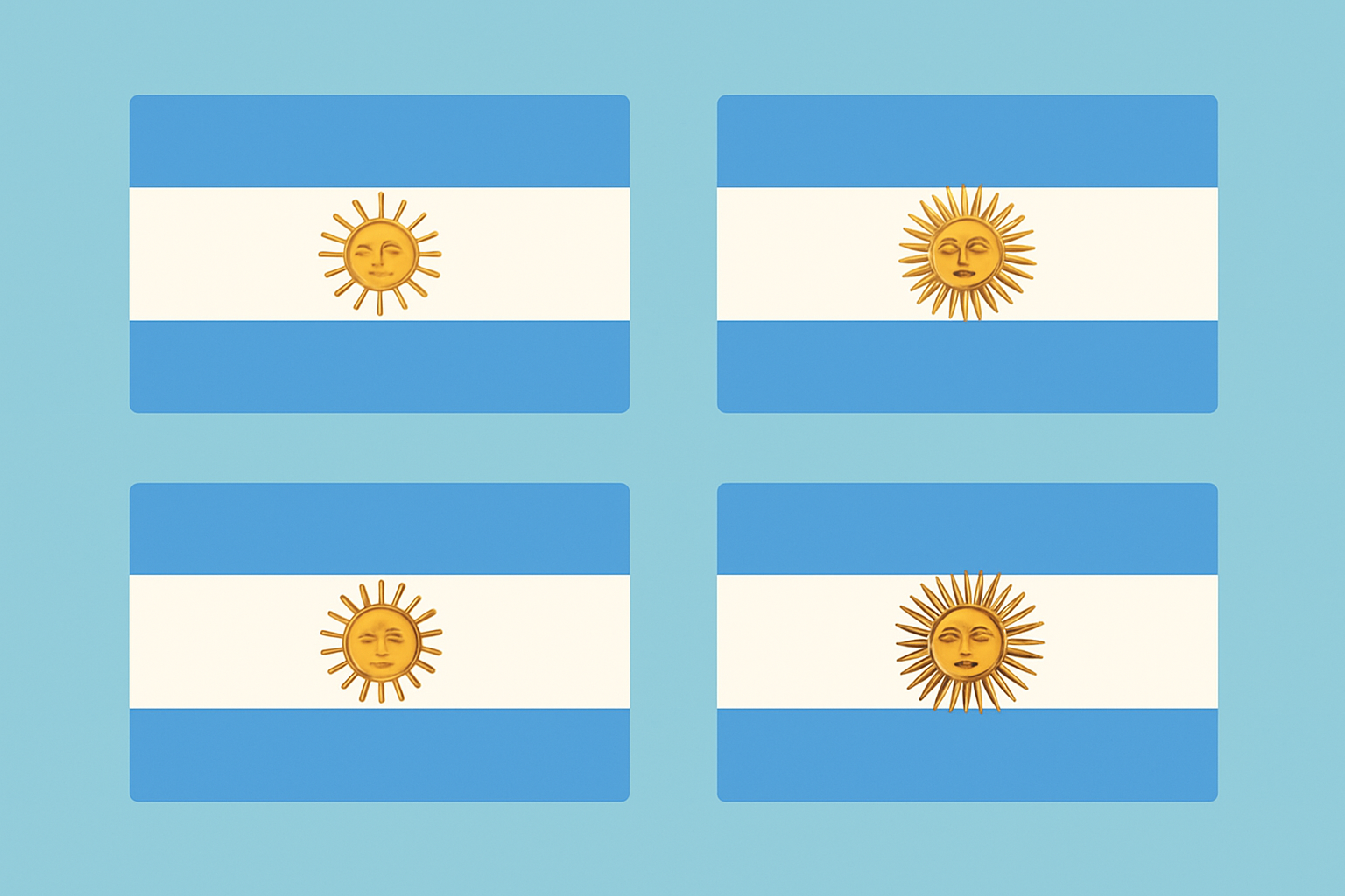 Différentes versions historiques du drapeau argentin exposant les variations du Soleil de Mai à travers le temps