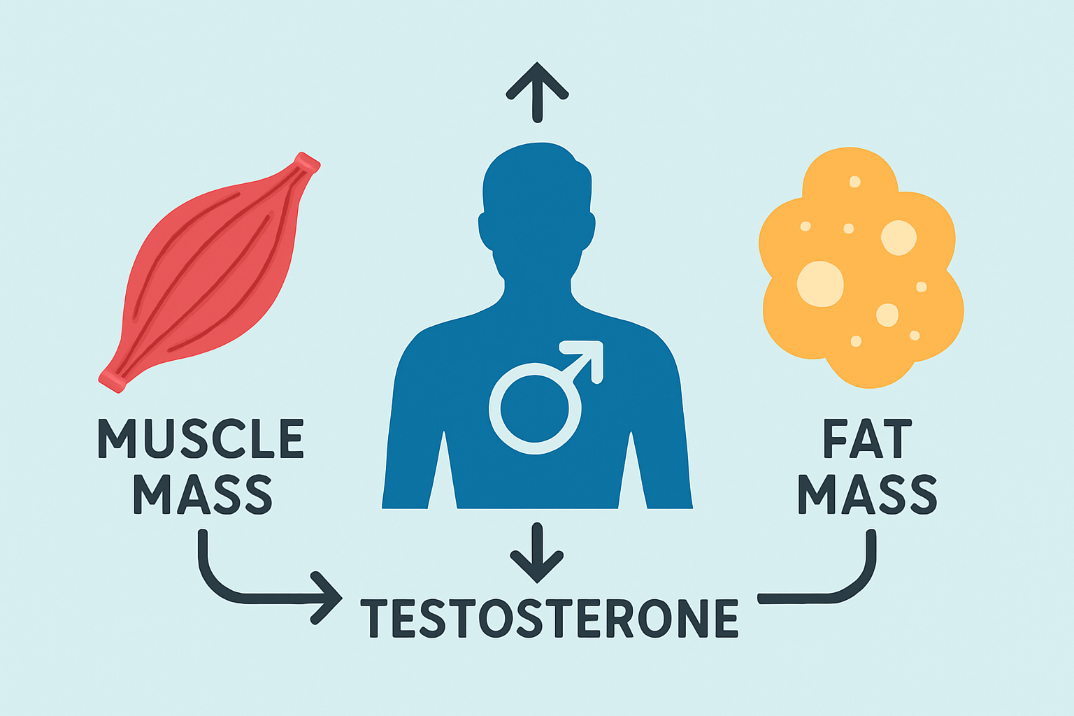 Schéma illustrant les interactions entre testostérone, masse musculaire et graisse corporelle chez l’homme