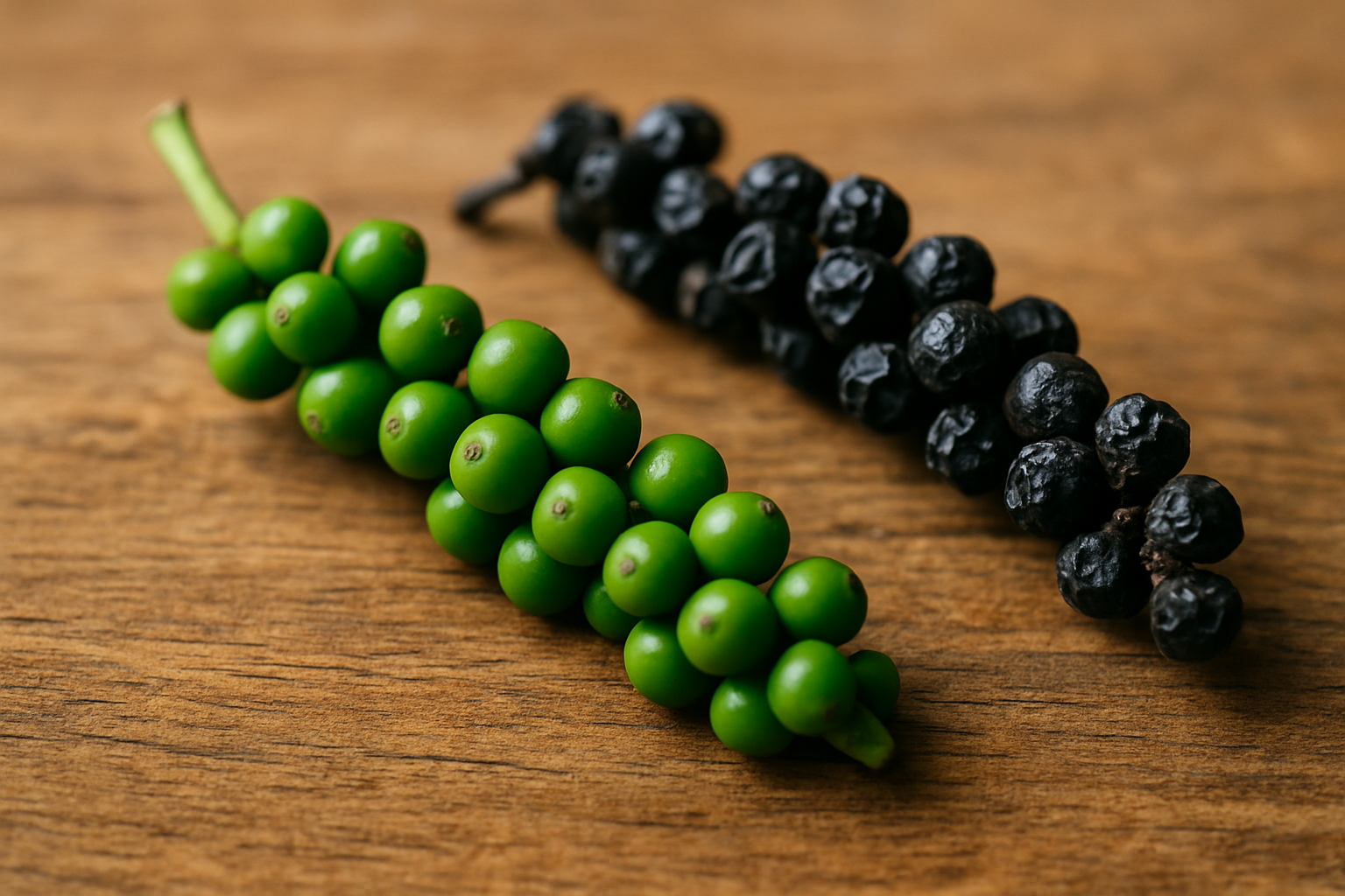 Gros plan sur des fleurs de poivre fraîches noires et vertes prêtes à être utilisées en cuisine.