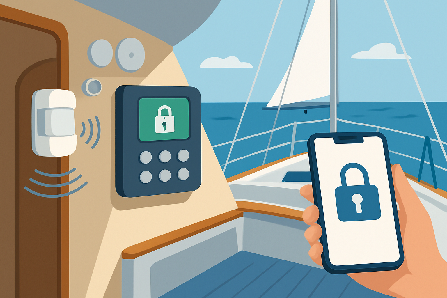 Installation d’un système d’alarme moderne sur un voilier, incluant capteurs et application mobile.