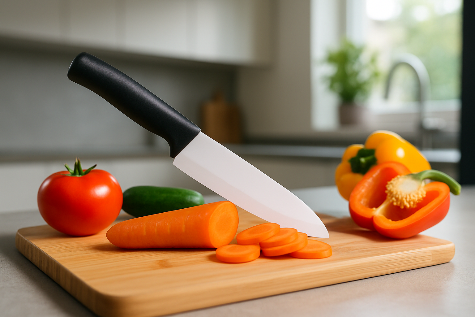 Couteau à lame céramique utilisé pour découper des légumes frais dans une cuisine moderne