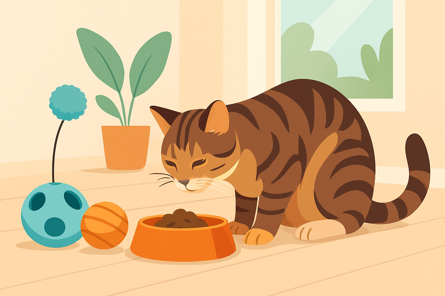 Chat mangeant une portion équilibrée avec des jouets interactifs autour, symbolisant la gestion de l