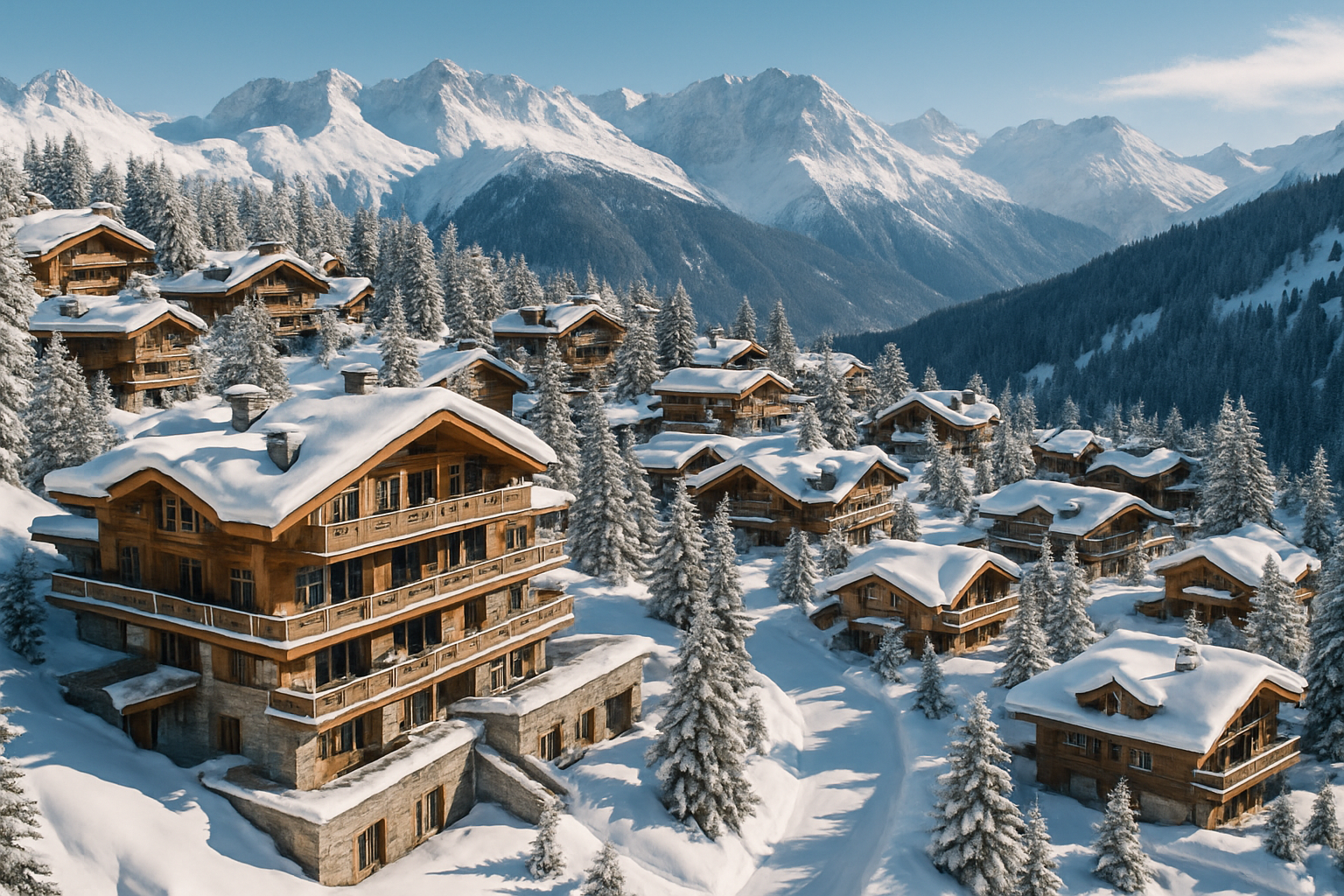 Vue panoramique de la station de ski Courchevel 1850 en hiver, illustrant son luxe et son exclusivité