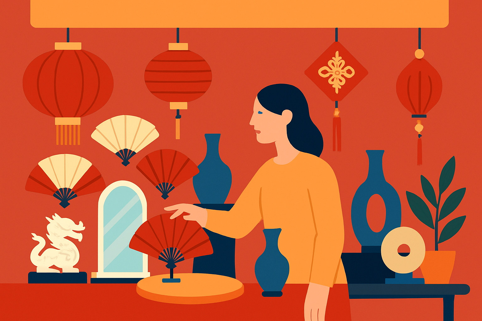 Marché chinois montrant objets décoratifs traditionnels et modernes, illustrations d’artisanat local