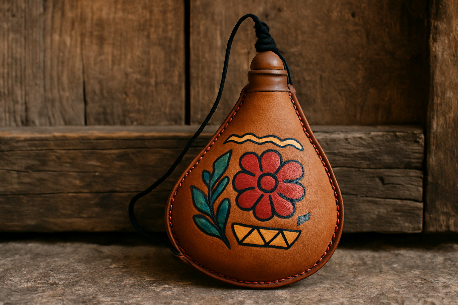 Une gourde espagnole traditionnelle en cuir et terre cuite ornée de motifs régionaux