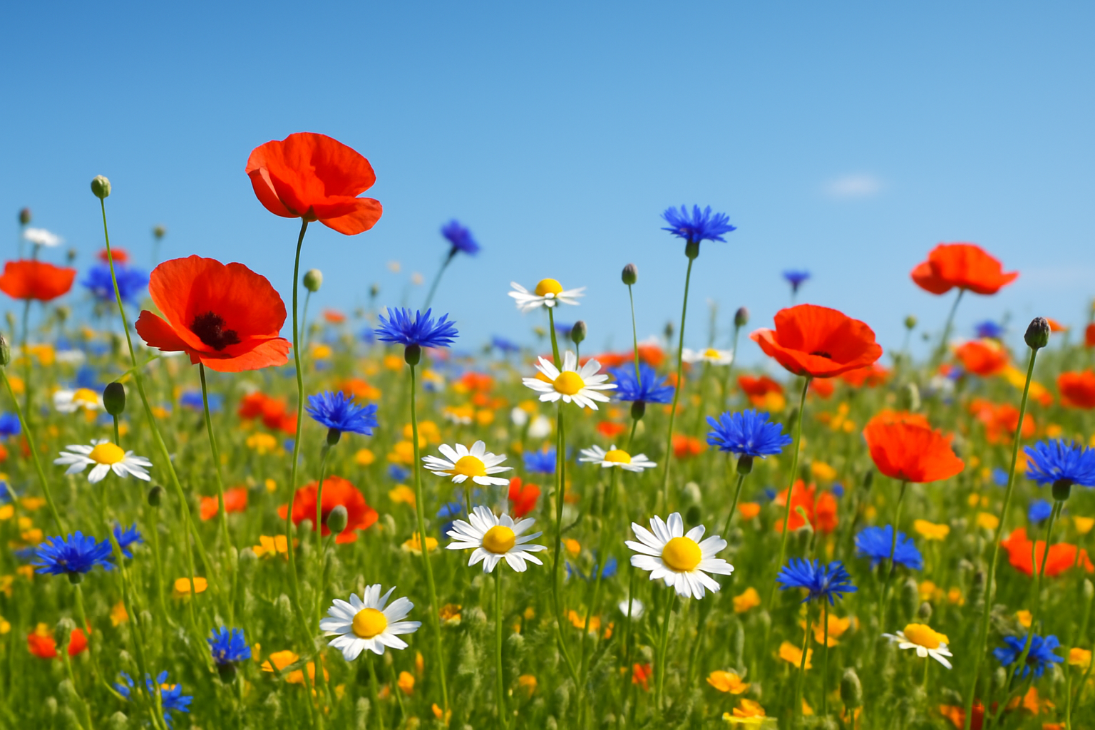 Un champ de fleurs coloré mêlant coquelicots, marguerites et bleuets en pleine floraison