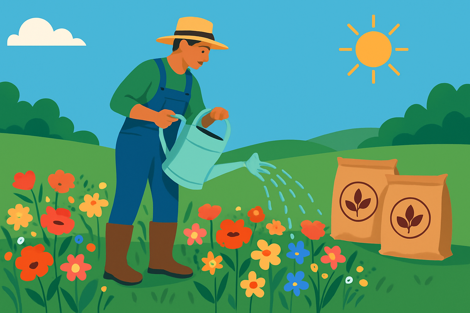Un jardinier arrosant un champ de fleurs colorées avec des sacs de compost naturel à côté