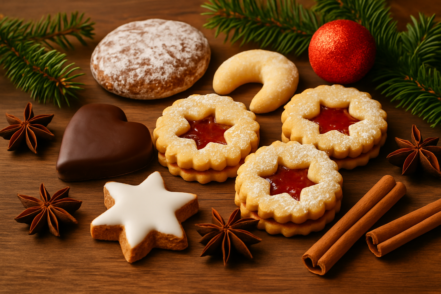 Une sélection colorée de biscuits de Noël allemands traditionnels prêts à être dégustés.