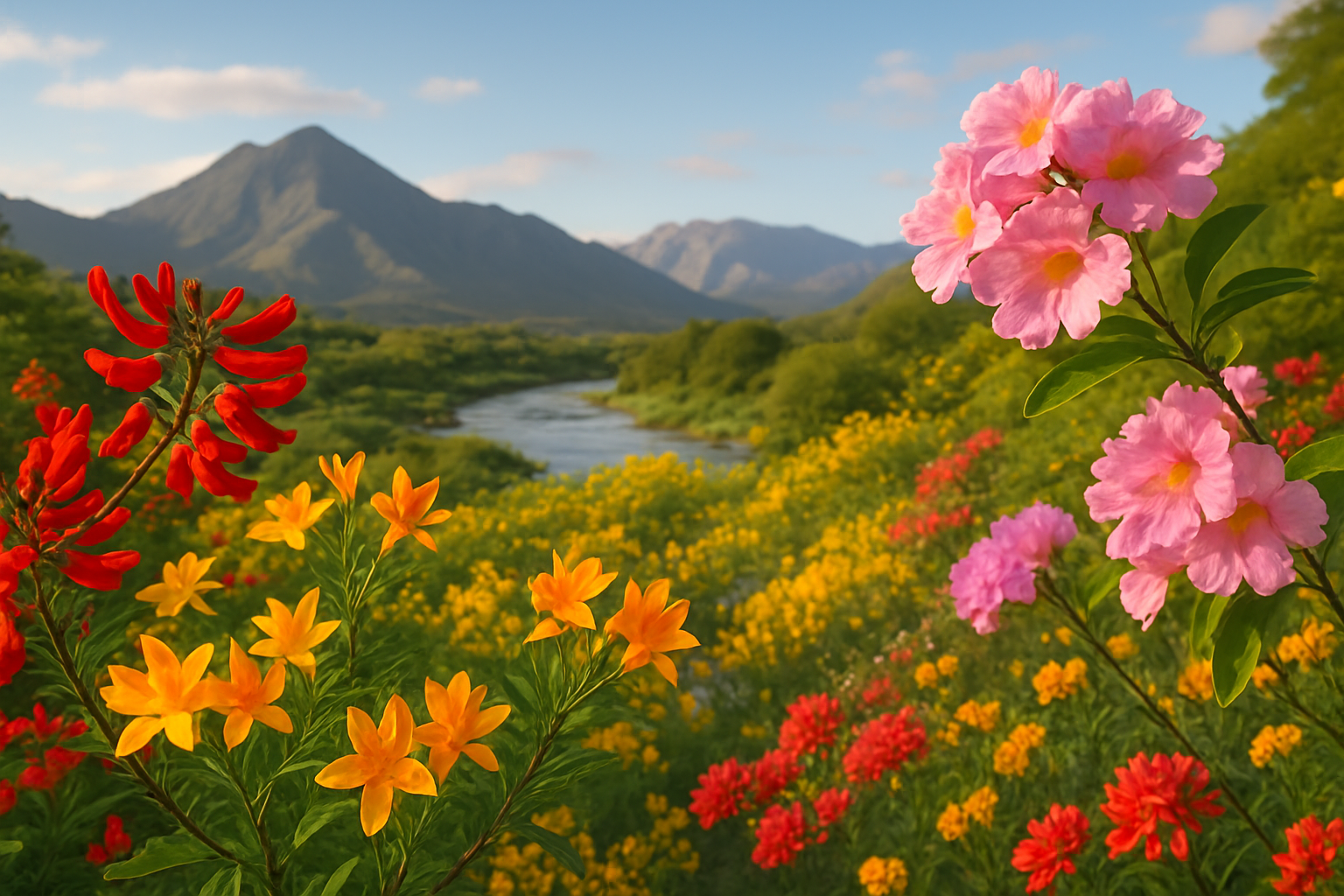 Paysage argentin illustrant la diversité des fleurs emblématiques comme la Ceibo, l’Amancay et le Lapacho au sein de leur habitat naturel.