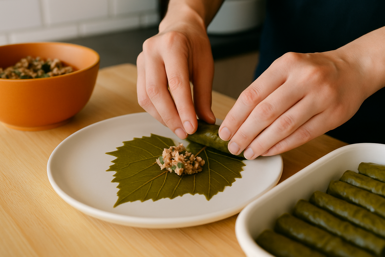Démonstration du roulage précis des feuilles de vigne farcies en petits paquets prêts à la cuisson
