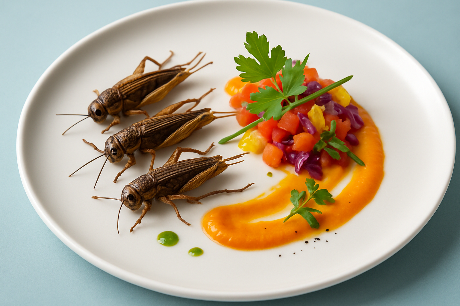 Photo illustrative d’un plat à base de criquets comestibles, mettant en valeur l’aspect visuel et culinaire