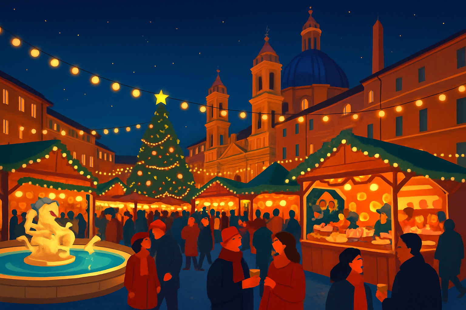 Le marché de Noël de Piazza Navona, un lieu emblématique et vibrant au cœur de Rome durant la saison festive.
