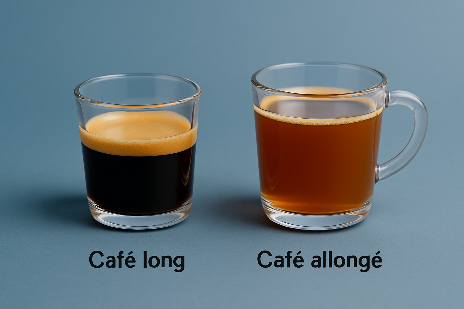 Photo comparative d’un café long et d’un café allongé dans des tasses transparentes, avec annotations sur les différences visibles (volume, couleur)