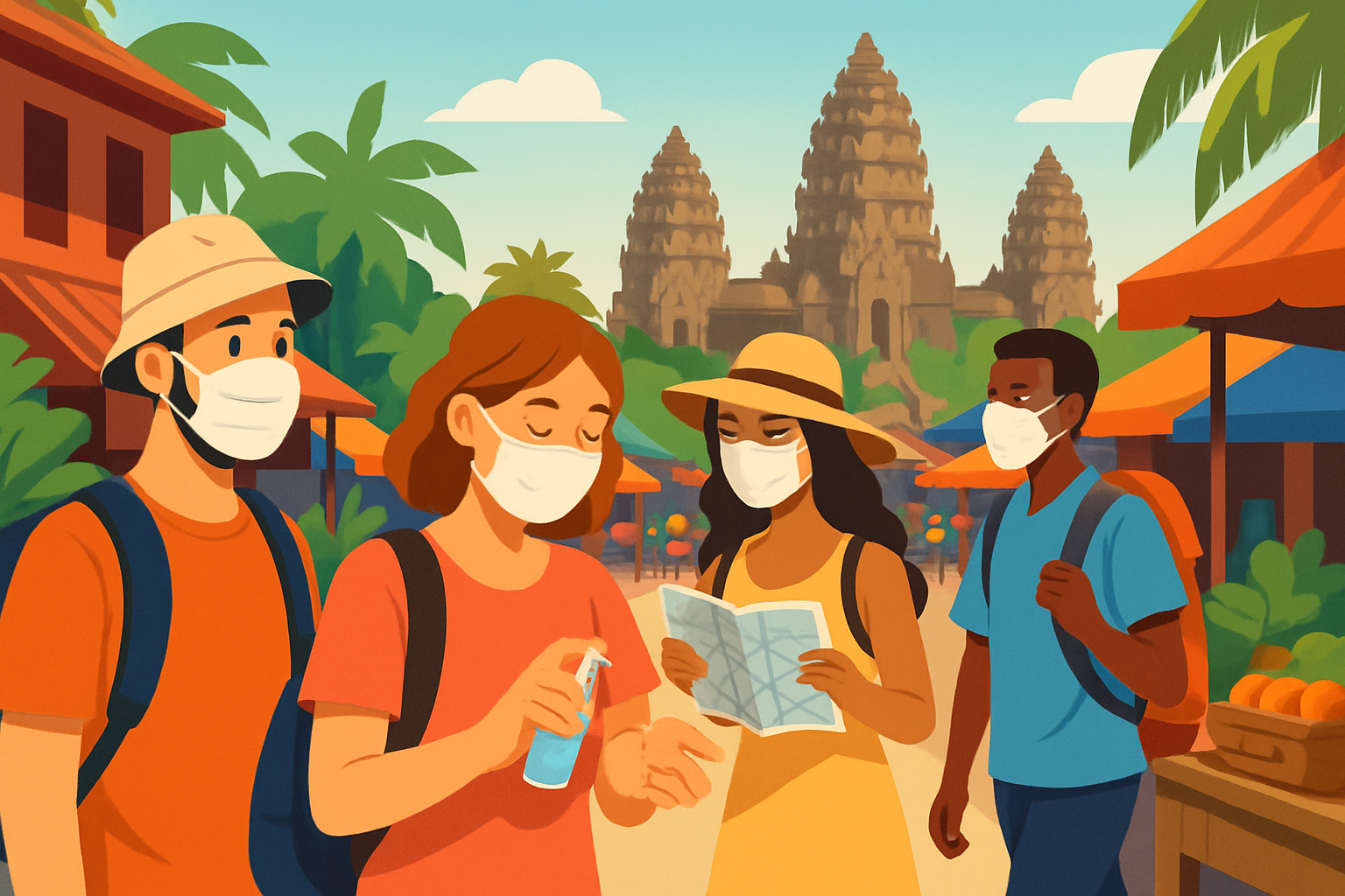 Touristes explorant une rue animée au Cambodge avec temples historiques, respectant les mesures sanitaires et profitant du paysage tropical.