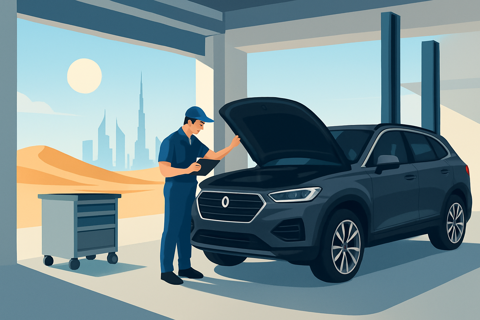 Un garage moderne à Dubaï avec un technicien inspectant un SUV de luxe sous un ciel clair