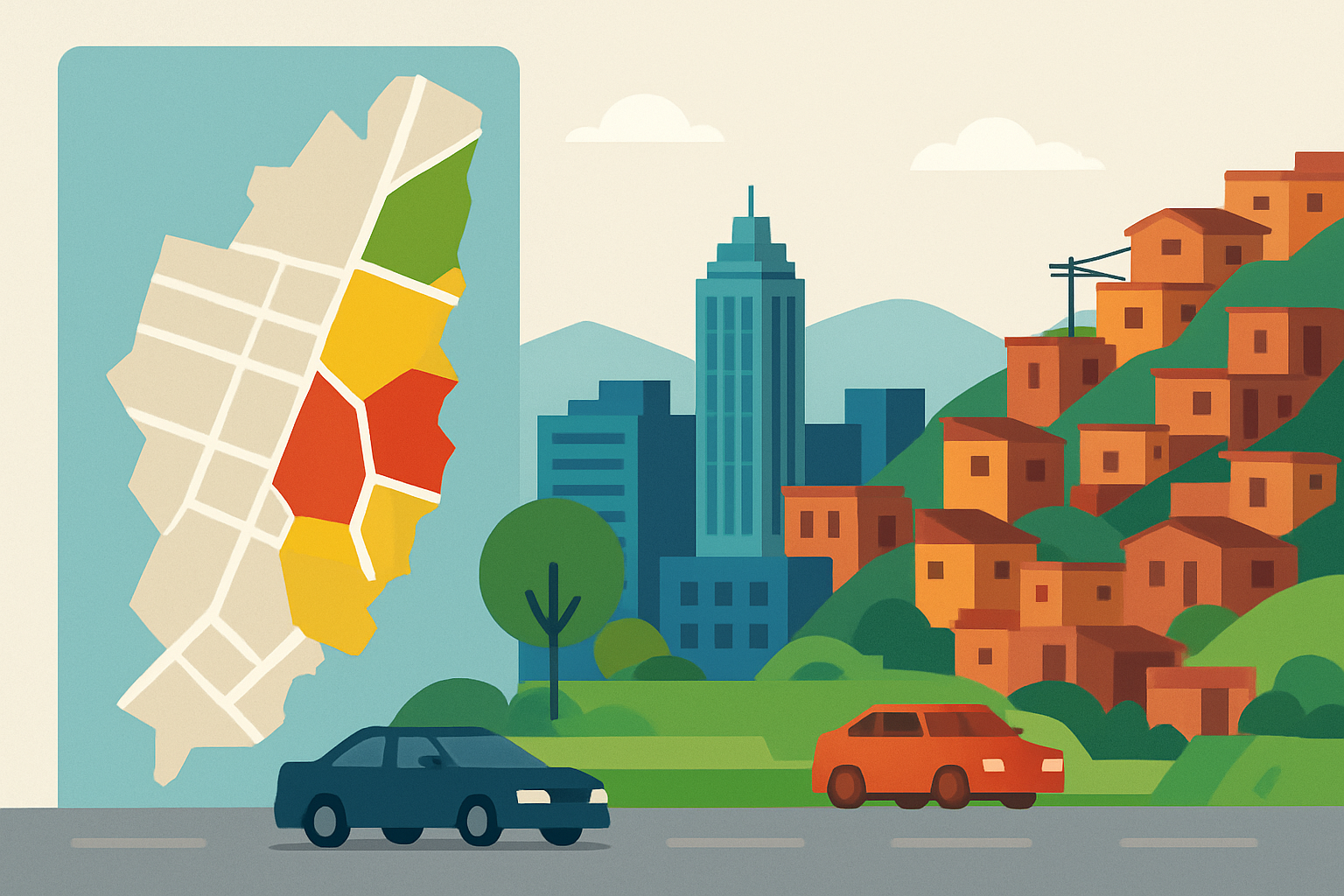 Carte de Bogota avec les quartiers dangereux mis en évidence selon leur niveau de risque