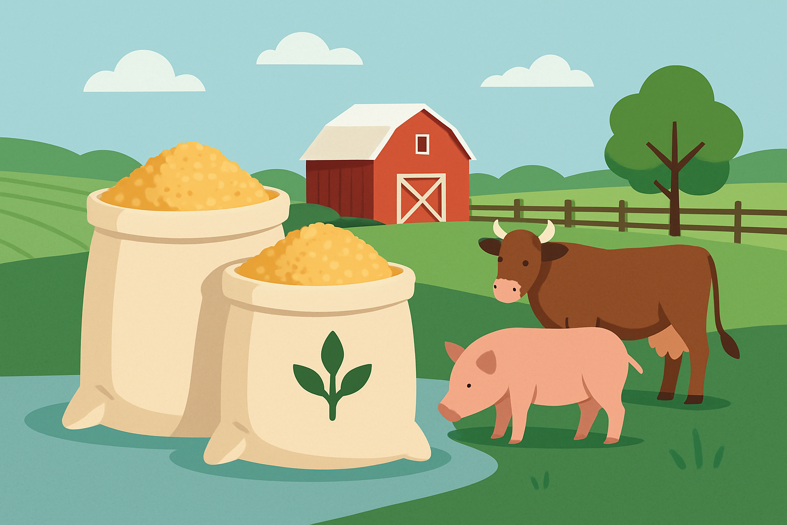 Sacs de brisure de riz utilisés en alimentation animale avec des animaux de ferme en arrière-plan, illustrant la durabilité agricole