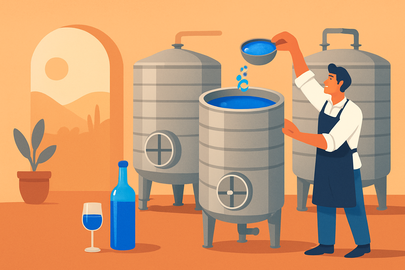 Illustration des étapes clés de la production du vin bleu espagnol en cave.