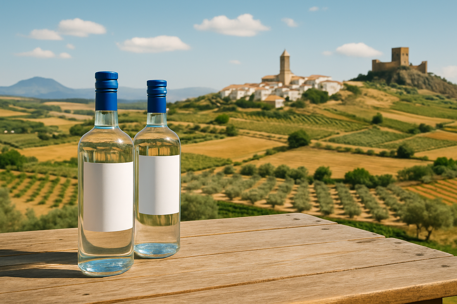 Sélection de vodkas espagnoles locales exposées avec paysage typique espagnol en arrière-plan