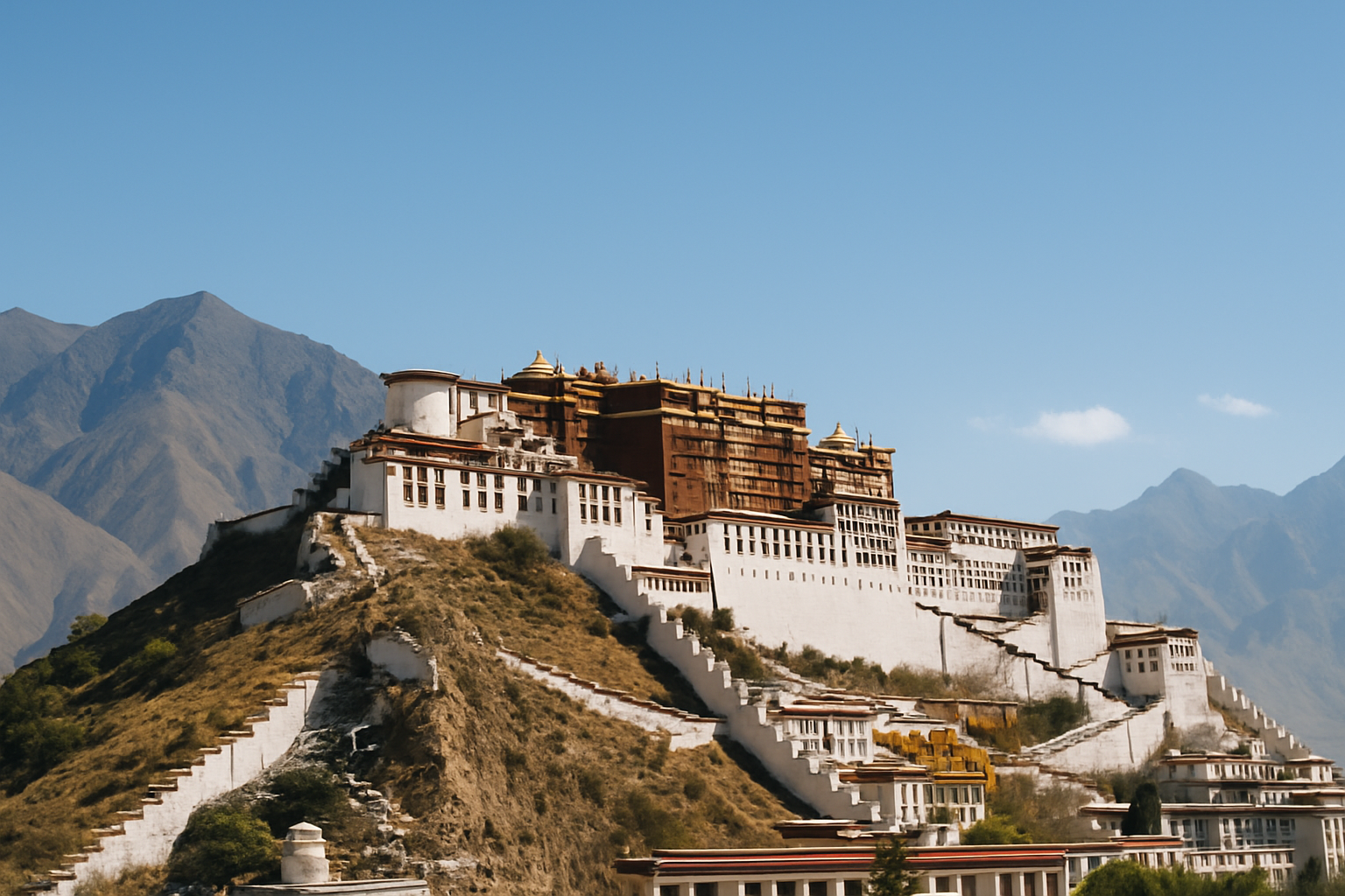 Le monastère de Potala, symbole spirituel et architectural du Tibet, perché sur une colline surplombant Lhassa.