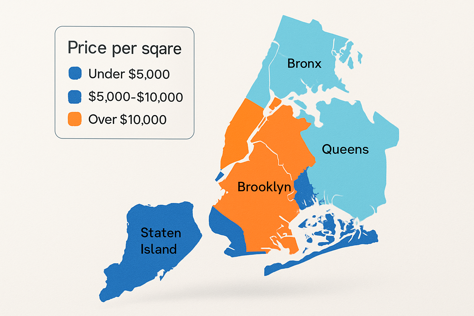 Carte visuelle des prix du mètre carré à New York par quartiers ou boroughs avec codes couleurs pour faciliter la compréhension