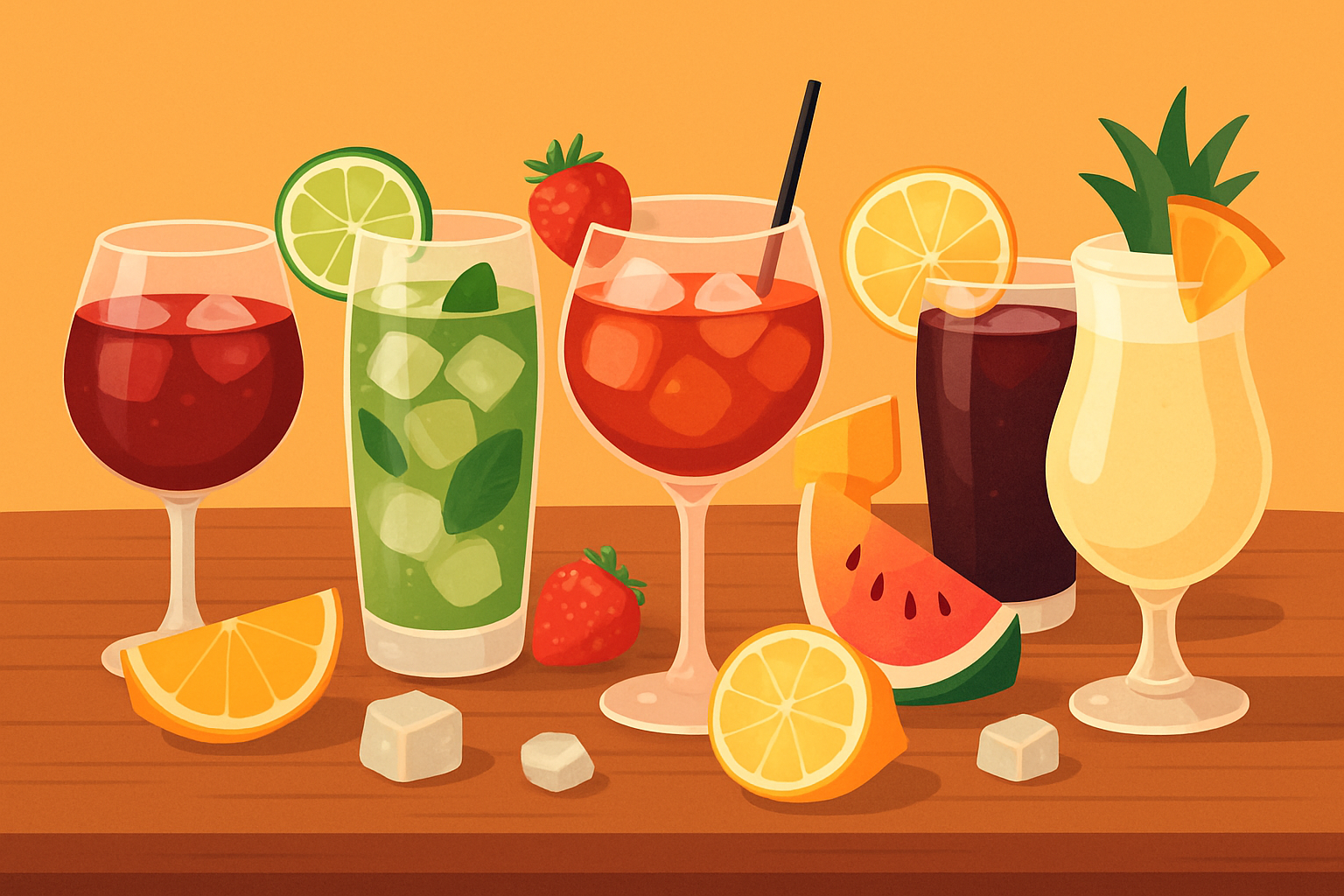 Sélection variée de cocktails espagnols populaires préparés et prêts à être dégustés.