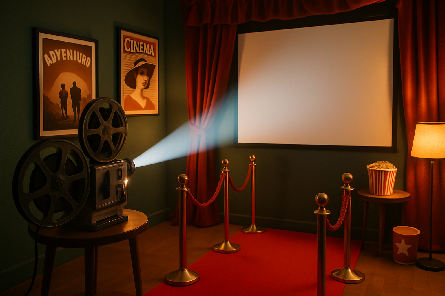 Une soirée thème cinéma avec une ambiance immersive, tapis rouge, écran de projection et décorations thématiques.