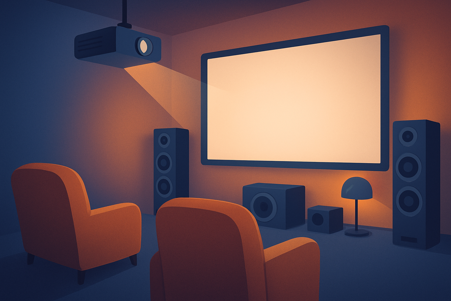 Installation technique professionnelle pour une soirée cinéma immersive avec projecteur et son surround.