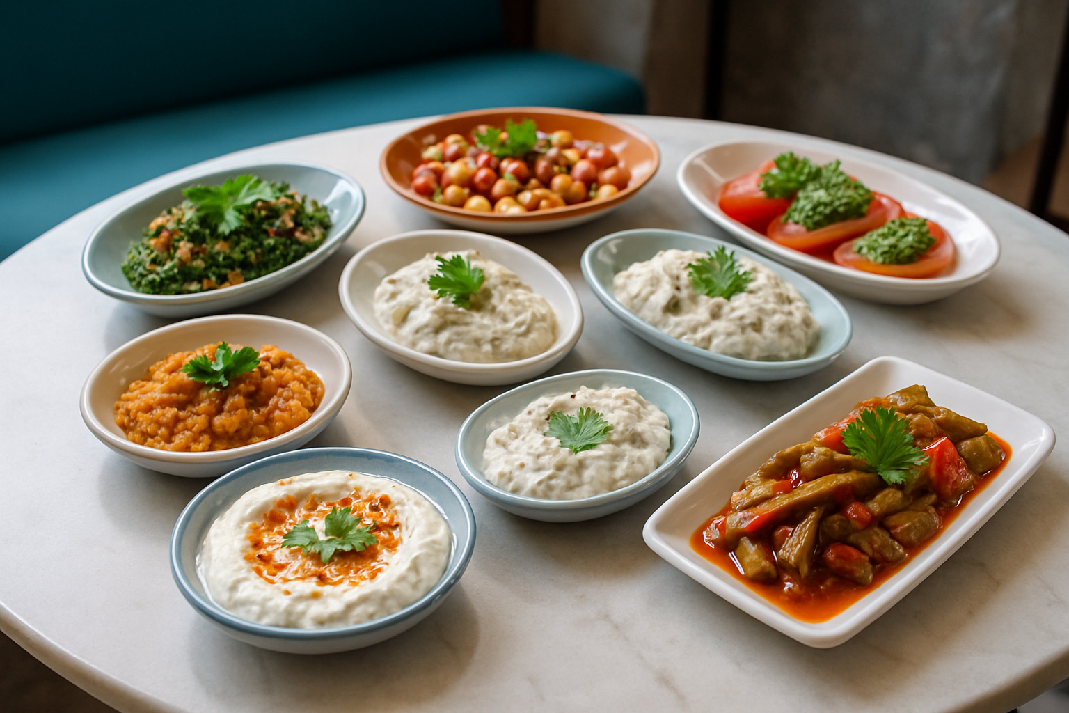 Assortiment coloré et appétissant de meze traditionnels turcs sur une table à Istanbul