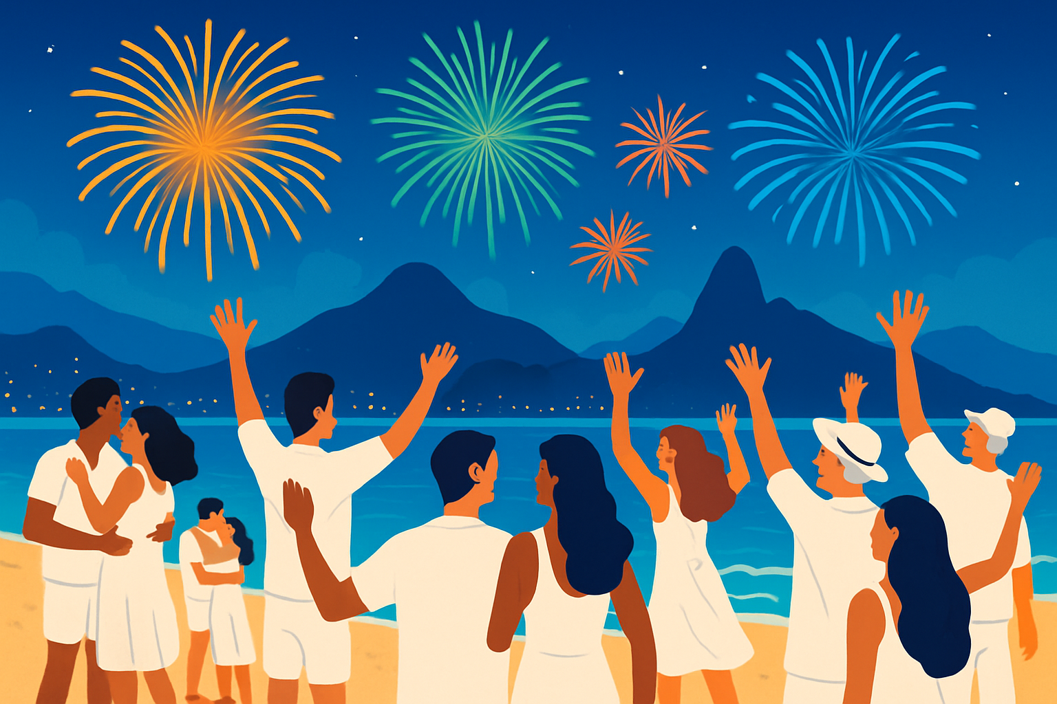 Fête animée du Nouvel An sur la plage de Rio, avec touristes et habitants mêlés sous les feux d