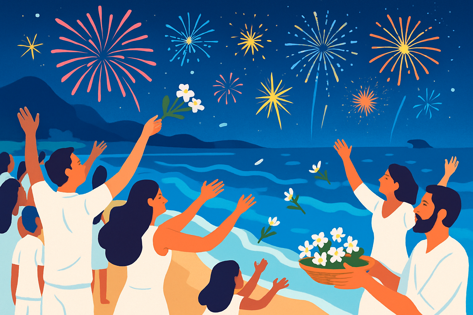 Foule vêtue de blanc célébrant le Nouvel An sur la plage de Copacabana avec offrandes à la mer et feux d
