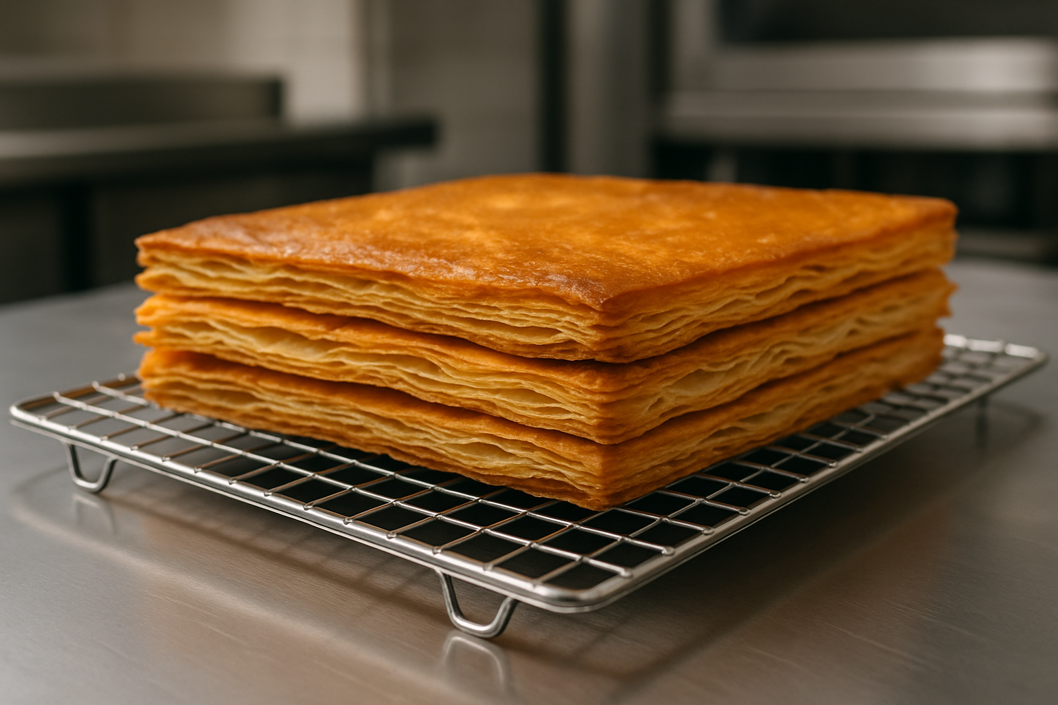 Pâte feuilletée dorée et croustillante refroidissant sur grille après cuisson