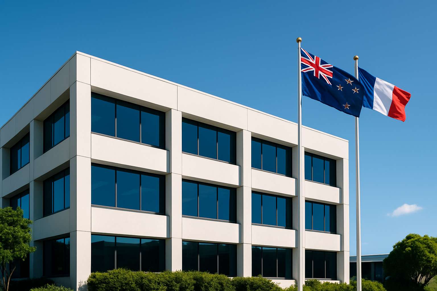 Bâtiment moderne de l’ambassade de France à Wellington, point de contact important pour les expatriés