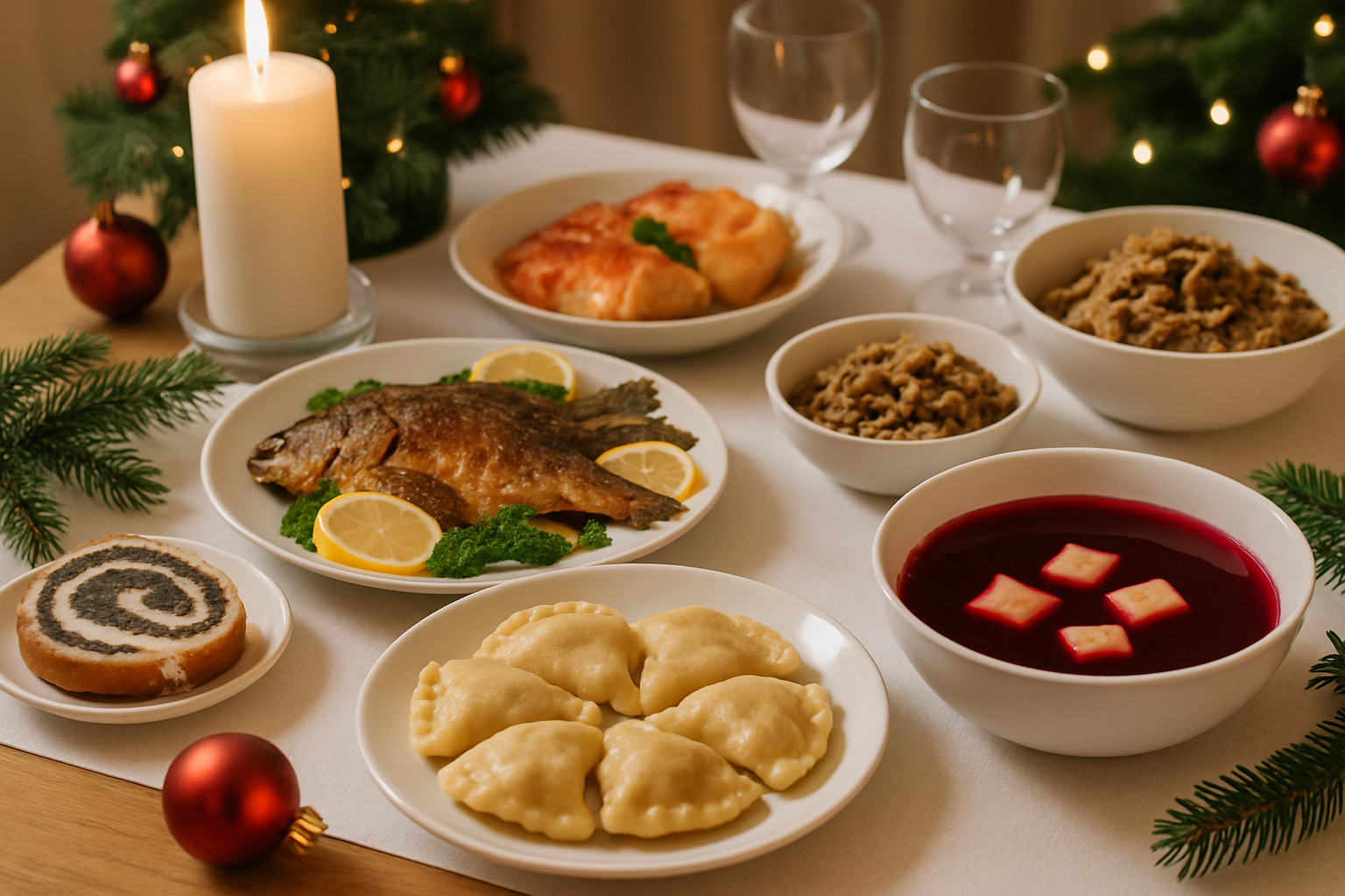 Sélection de plats traditionnels de Noël sur une table décorée dans un cadre varsois authentique.