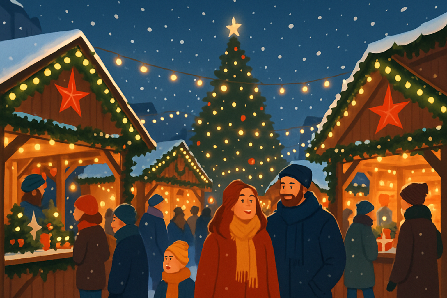 Vue animée du marché de Noël de la Vieille Ville de Varsovie avec ses chalets en bois décorés et ses visiteurs savourant l’ambiance festive.