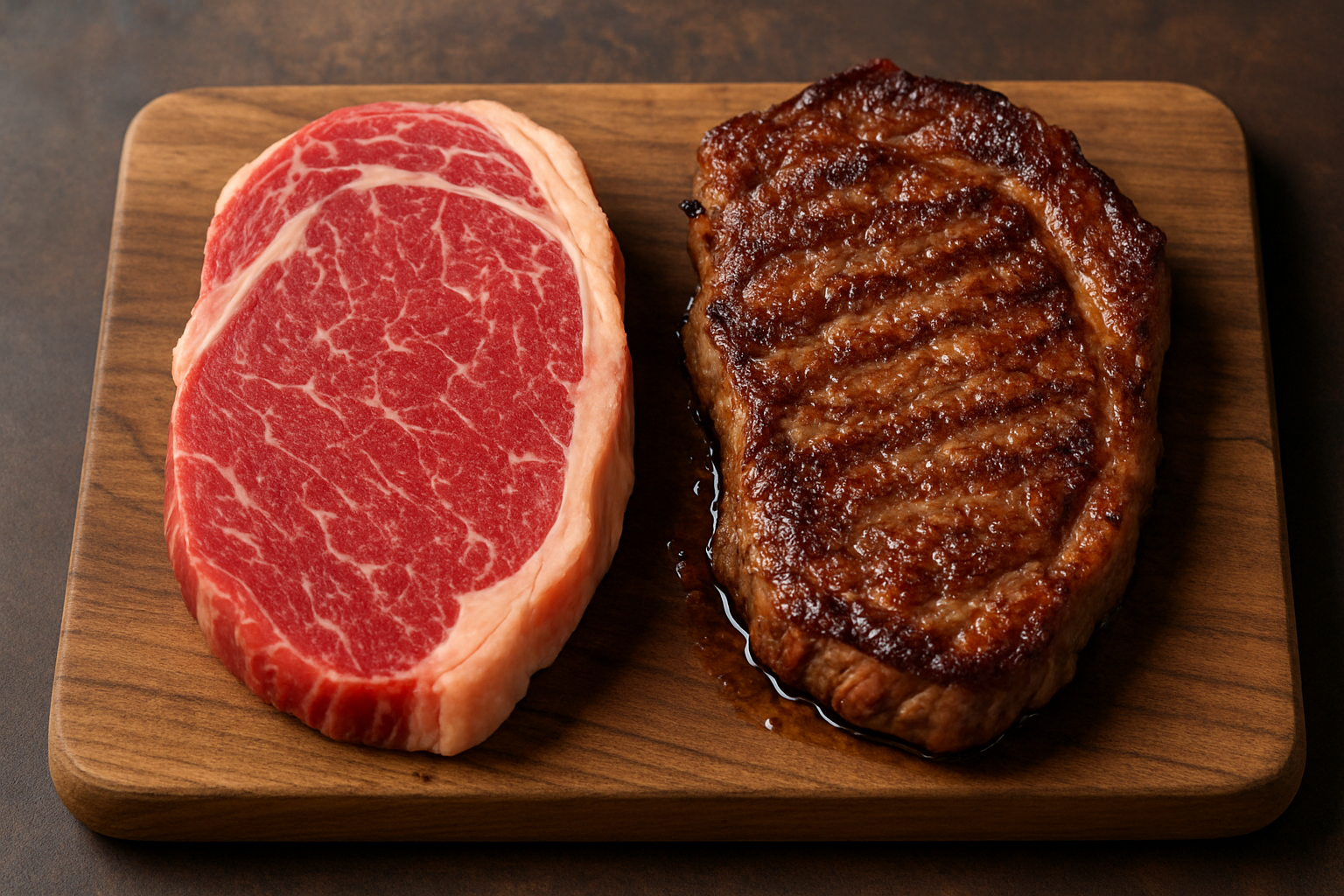 Photo comparative des deux morceaux, faux filet et entrecôte, à l