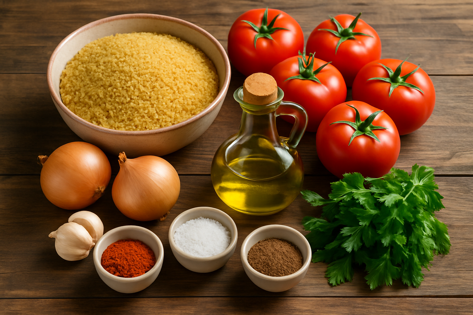 Ingrédients frais préparés pour la recette turque de blé tomate.