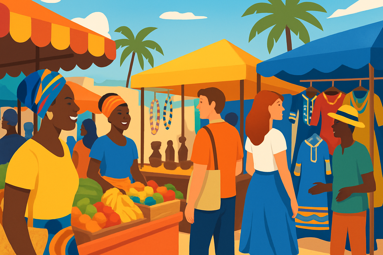 Marché local au Cap-Vert où les habitants et expatriés interagissent dans une ambiance chaleureuse et colorée