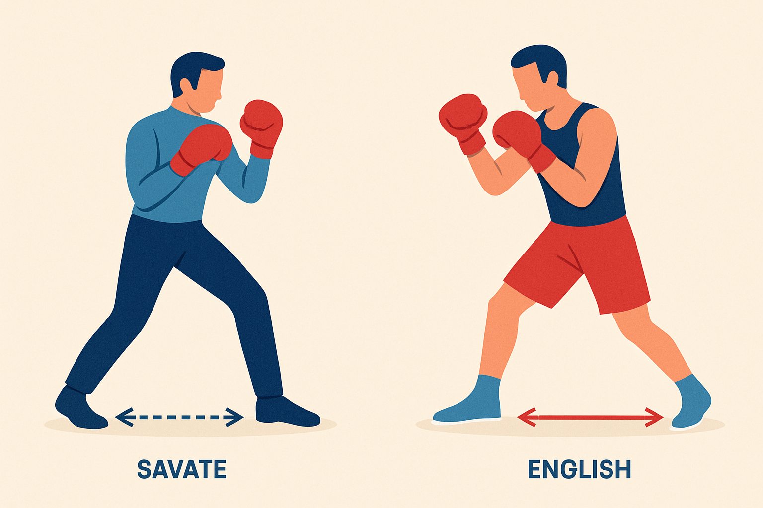 Illustration comparative des postures et déplacements clés en boxe française et anglaise.