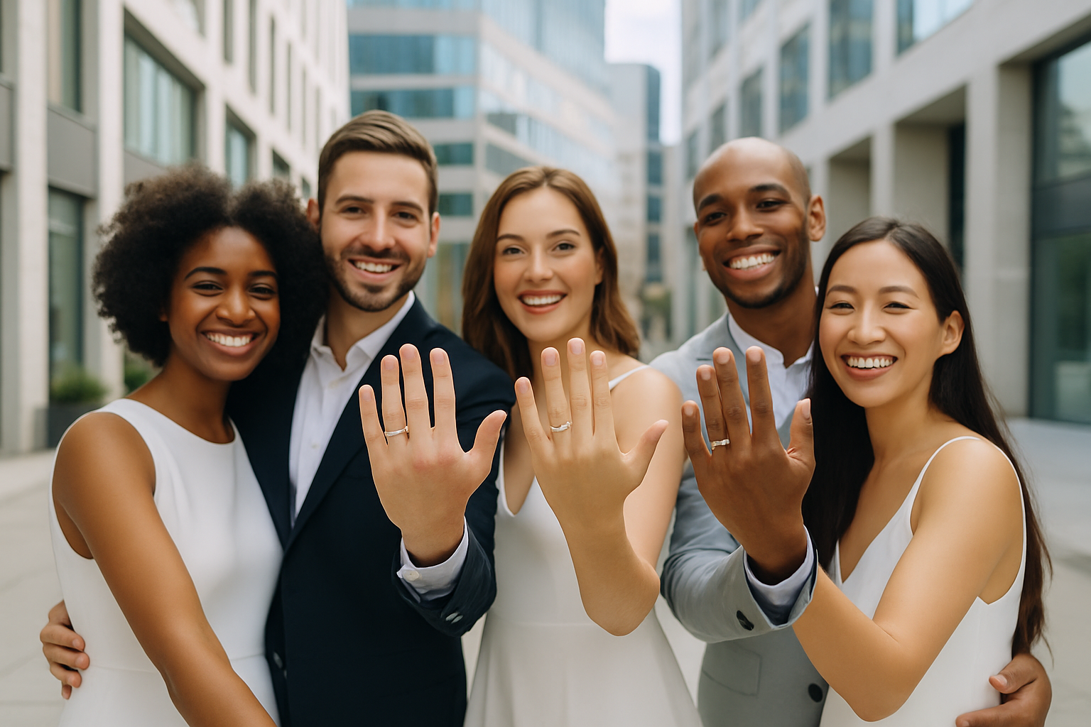 Couples contemporains portant leur alliance à la main droite, illustrant la diversité des pratiques actuelles.