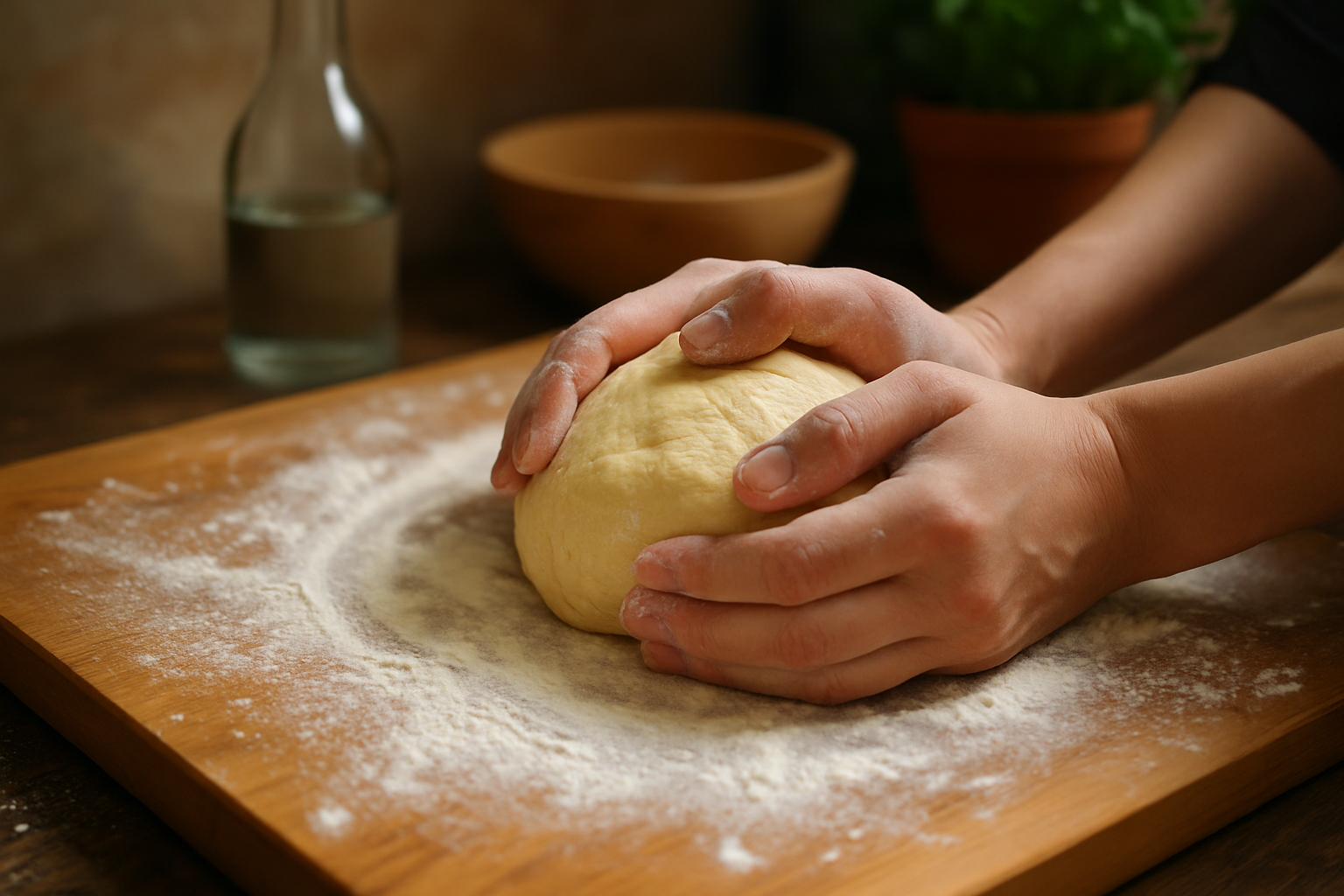 Pétrissage manuel de la pâte à pâtes fraîches sur un plan de travail en bois.