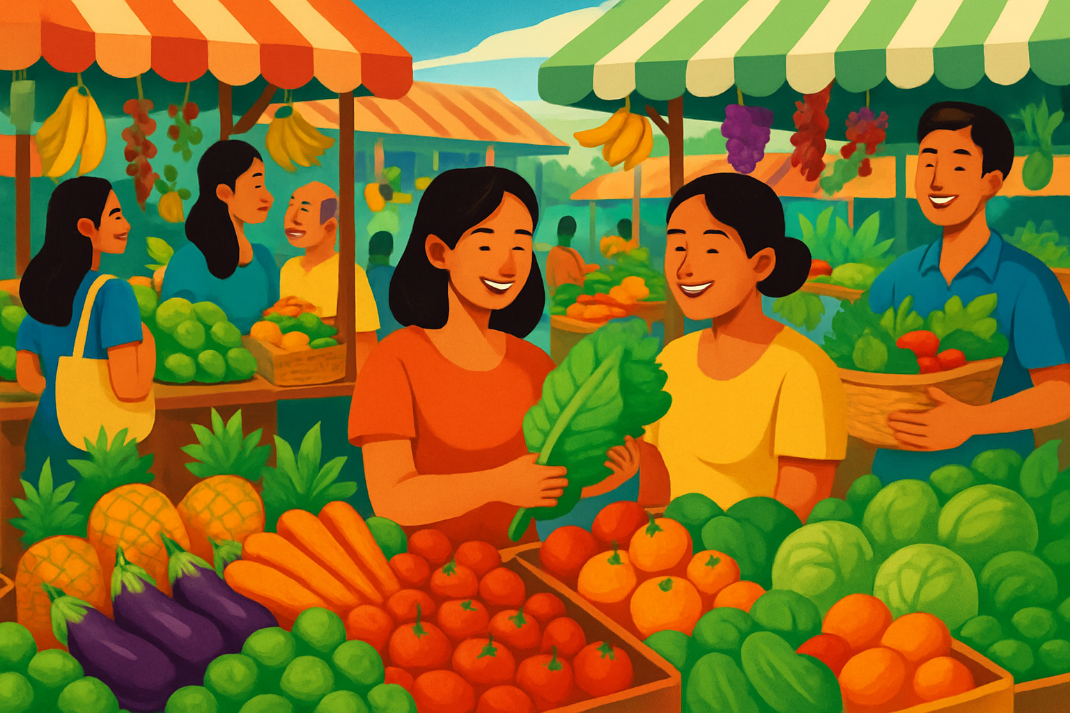 Un marché local aux Philippines avec une grande variété de fruits et légumes frais, illustrant les options alimentaires économiques.