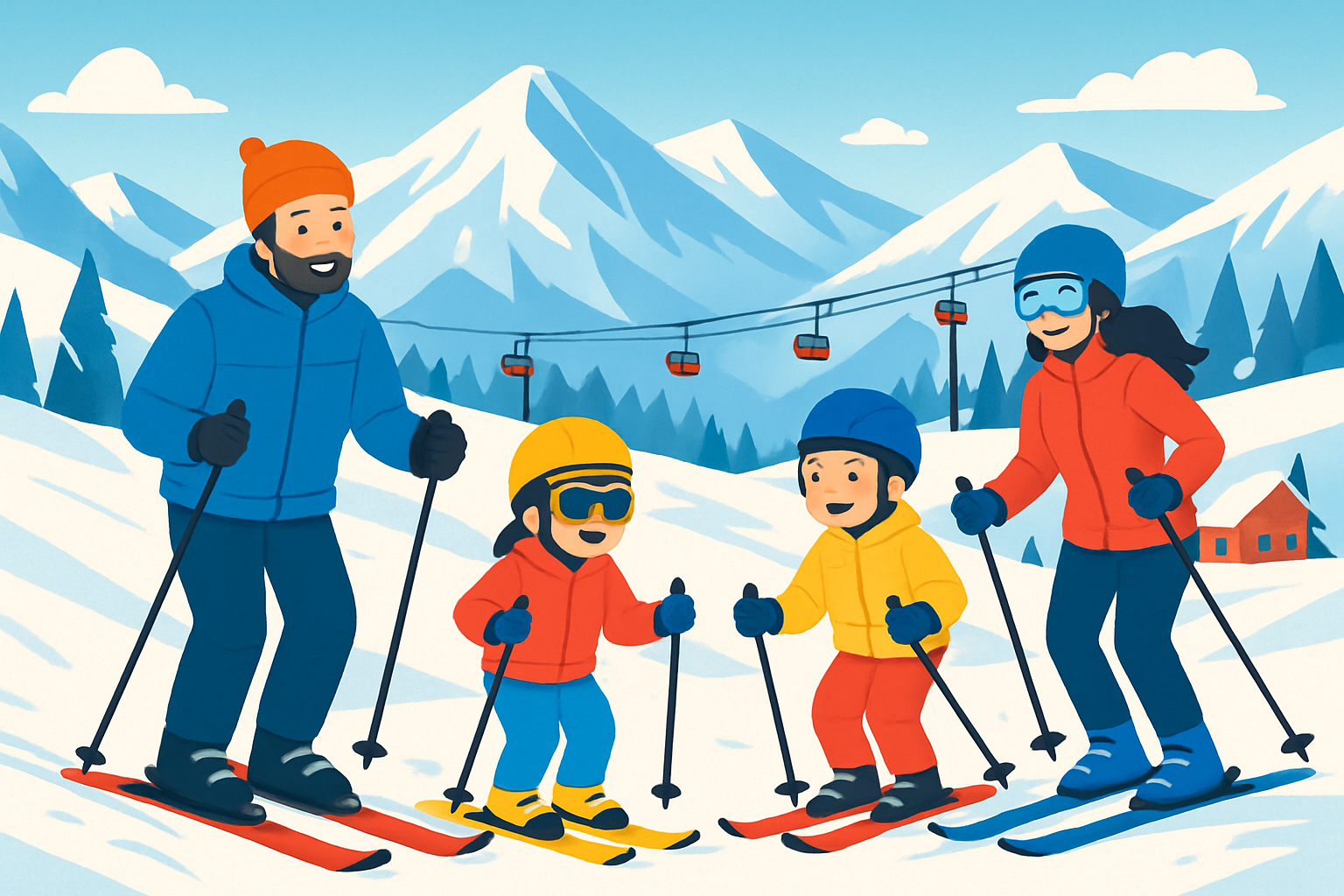 Famille en train de skier ensemble dans une station de ski turque adaptée aux débutants et enfants.