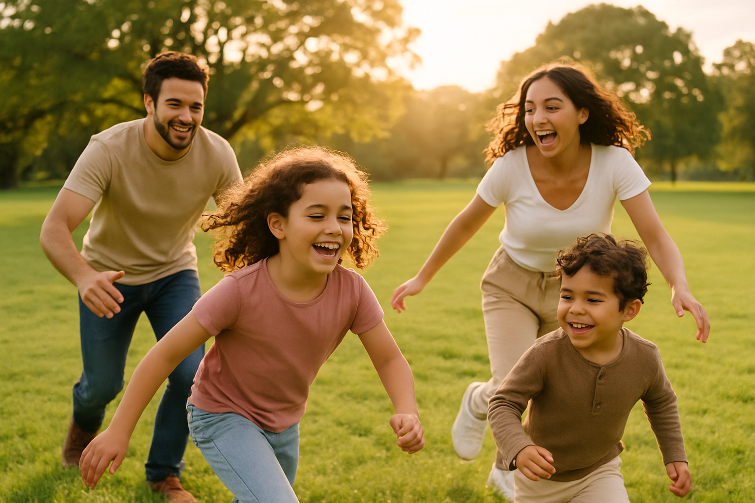 Photo d’une famille capturant un moment spontané et joyeux lors d’un jeu en extérieur au coucher du soleil.